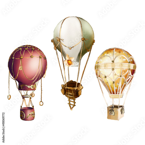 Watercolor set with hot air balloons and garland. Hand painted sky illustration with aerostate, clouds and flags isolated on white background. For design, prints, fabric or background