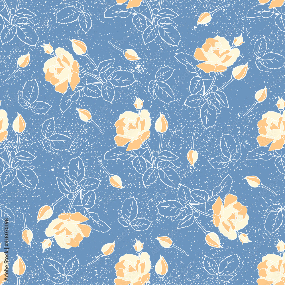 Delicate yellow roses seamless pattern. Hand drawn flat silhouettes of flowers on texture background. Rich floral ornament of lush inflorescence scrapbooking wrapping paper. Stock vector illustration.