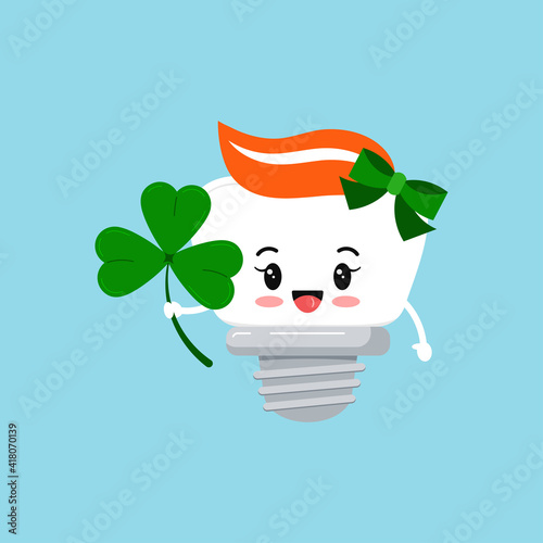 St Patrick cute tooth dental implant girl icon isolated. Orthodontist dentistry teeth character with irish lucky charm - shamrock tree leaves clover. Flat design cartoon vector kid illustration.
