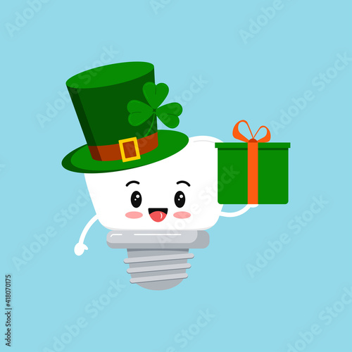 SSt Patrick tooth dental implant icon isolated. Orthodontist dentistry teeth character leprechaun hat with irish lucky clover and goft in hand. Flat design cartoon vector kid illustration