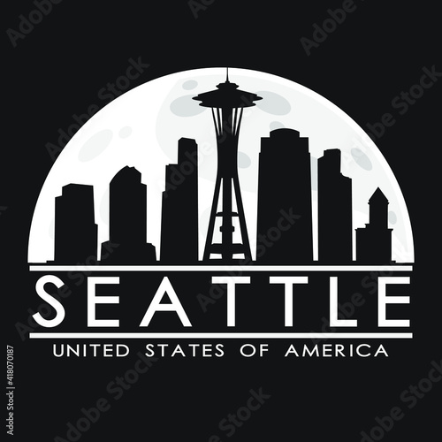 Seattle Washington Skyline Silhouette City Vector Design Art Background Illustration.
