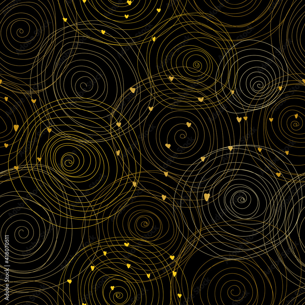 Modern seamless patterns with gold doodle spiral circles on a black background. Vector illustration. Modern seamless patterns with gold doodle spiral circles on a black background. Vector illustration.
