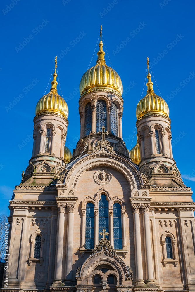 View towards the Russian-othodox chapel of Wiesbaden / Germany with its gilded onion domes 
