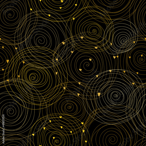 Modern seamless patterns with gold doodle spiral circles on a black background. Vector illustration.