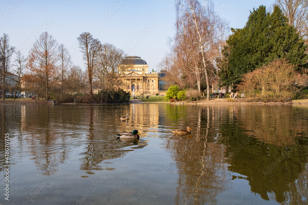 View over a pond with ducks in the park of Wiesbaden / Germany towards the opera house View over a pond with ducks in the park of Wiesbaden / Germany towards the opera house