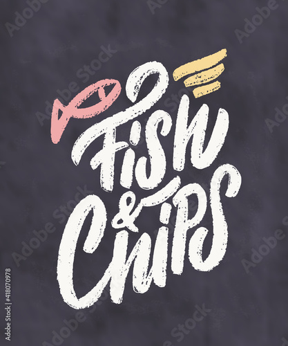 Fish and chips. Vector handwritten chalkboard lettering sign. 