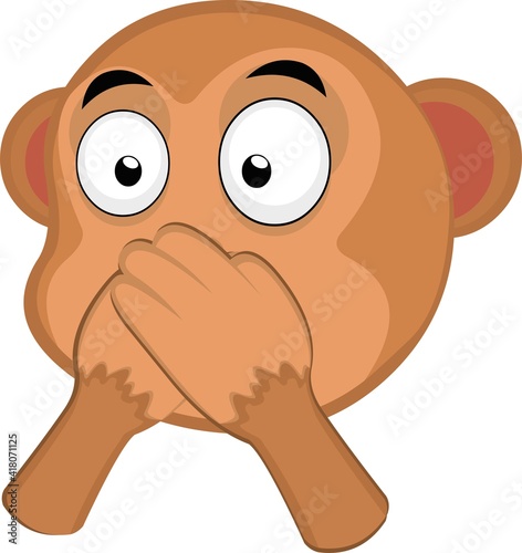 Vector emoticon illustration of the head of a cartoon monkey, covering his mouth with his hands