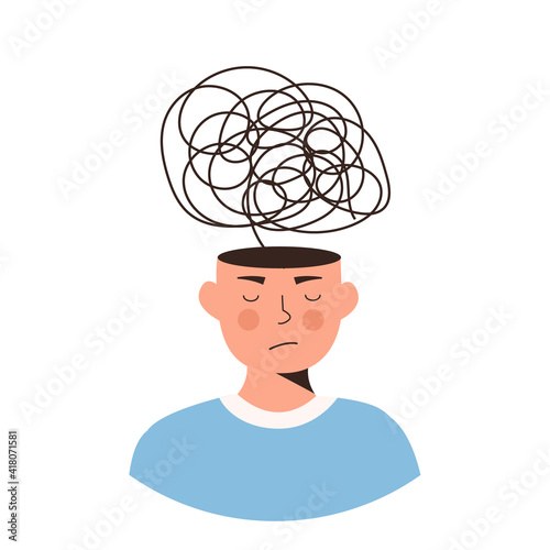 Frustrated person with nervous problem. Distorted thinking, feel anxiety and confusion of thoughts. Mental disorder concept. Chaos in consciousness. Boy with anxiety vector flat style illustration.