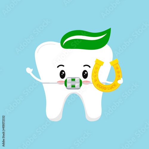 St Patrick day tooth dental braces icon isolated. Orthodontic dentistry teeth character with irish lucky charm golden horseshoe. Flat design cartoon vector dentistry kids illustration.