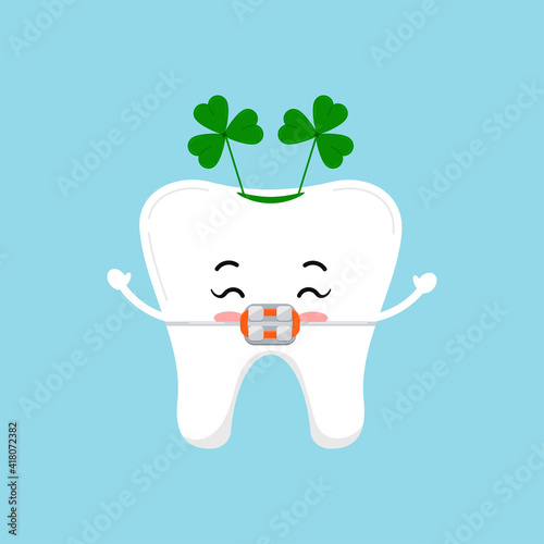 St Patrick day tooth dental braces icon isolated. Orthodontic dentistry teeth character in headband with irish lucky charm - shamrock clover. Flat design cartoon vector denistry kid illustration.