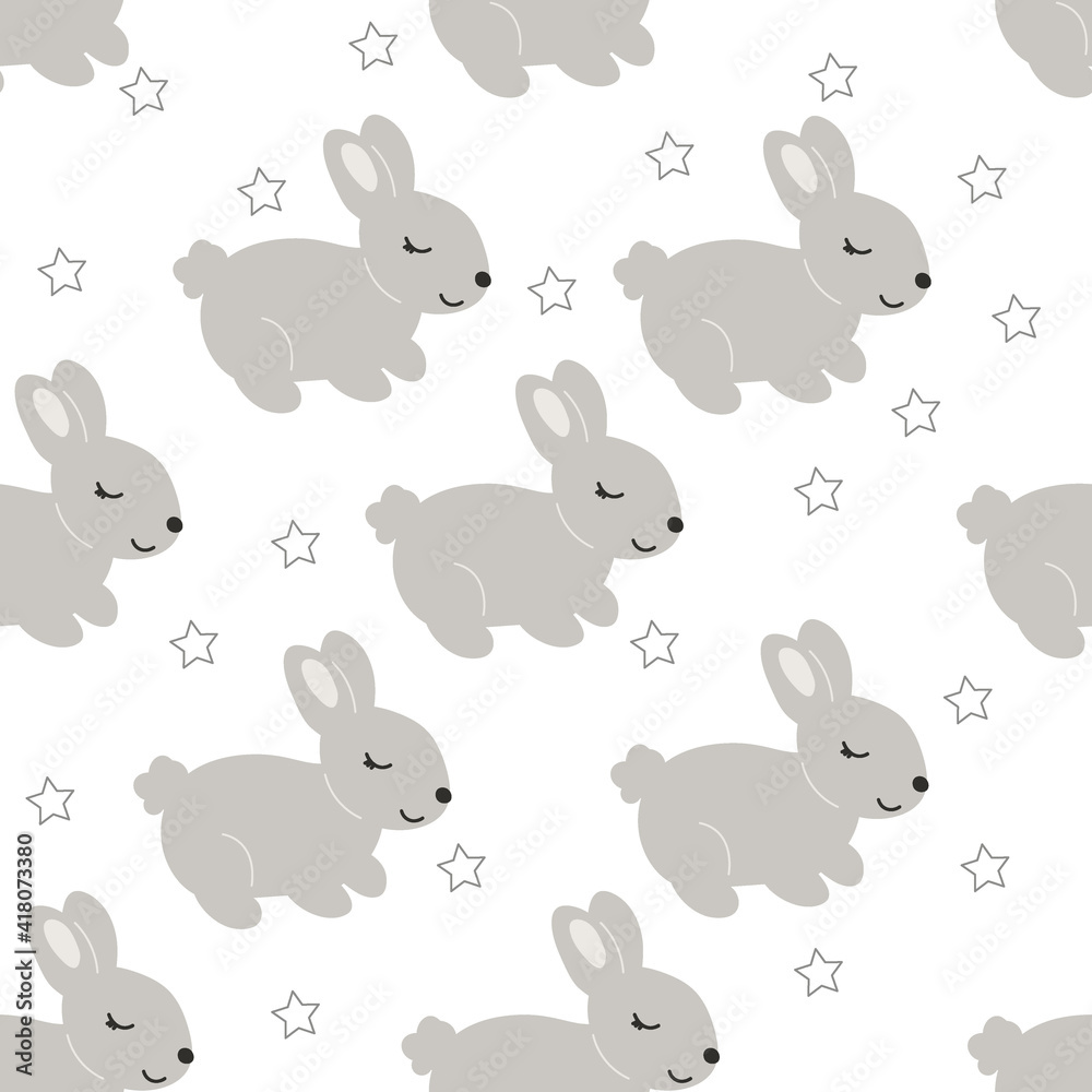 Sleep Grey Baby Bunny with stars. Little Rabbit seamless pattern. Cute Easter Animal. Hares Vector Kids Illustration  on white background. Design for card, print, book, kids story	