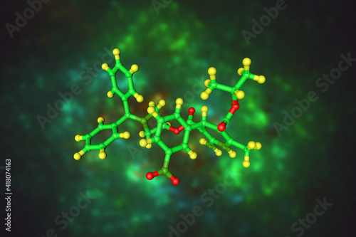 Molecular model of azelnidipine, a dihydropyridine calcium channel antagonist used for the treatment of hypertension. Scientific background. 3d illustration photo