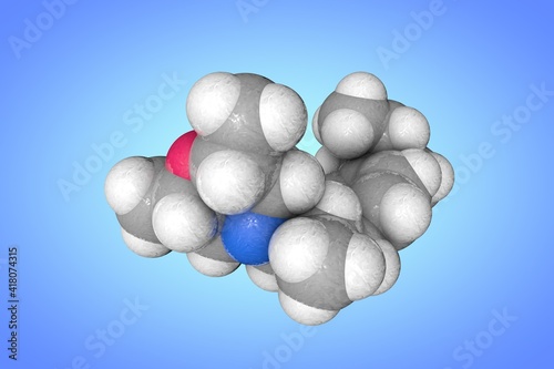 Space-filling molecular model of amorolfine. Atoms are represented as spheres with color coding: carbon (grey), nitrogen (blue), oxygen (red), hydrogen (white). 3d illustration