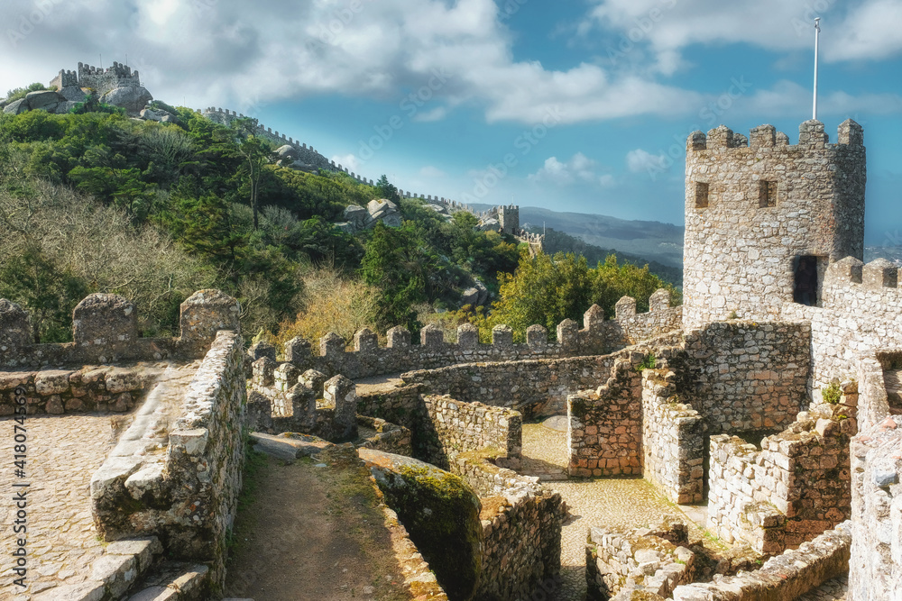 Moorish Castle on the hill above the city of Sintra in Portugal in sunny spring day