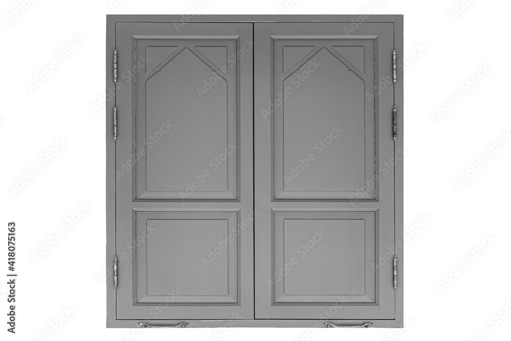 Old wooden window frame painted grey vintage isolated on a white background