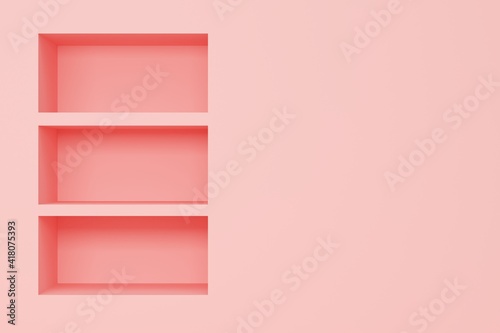 Fototapeta Naklejka Na Ścianę i Meble -  Abstract background with shelf in pink wall. Minimalist backdrop design for product promotion. 3d rendering