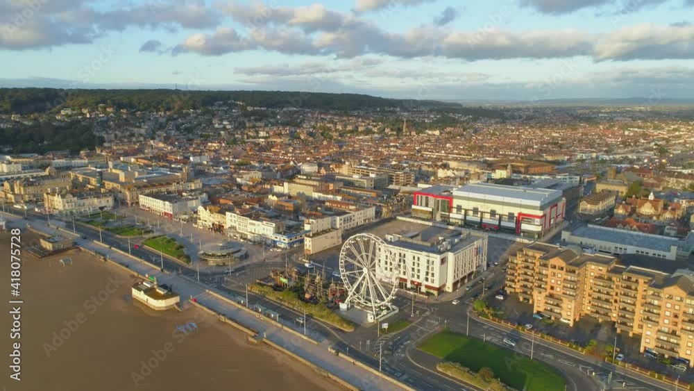 Wide aerial shot of the English seaside town of Western Super Mare in Somerset on a sunny day. High quality 4k footage Wide aerial shot of the English seaside town of Western Super Mare in Somerset on a sunny day. High quality 4k footage