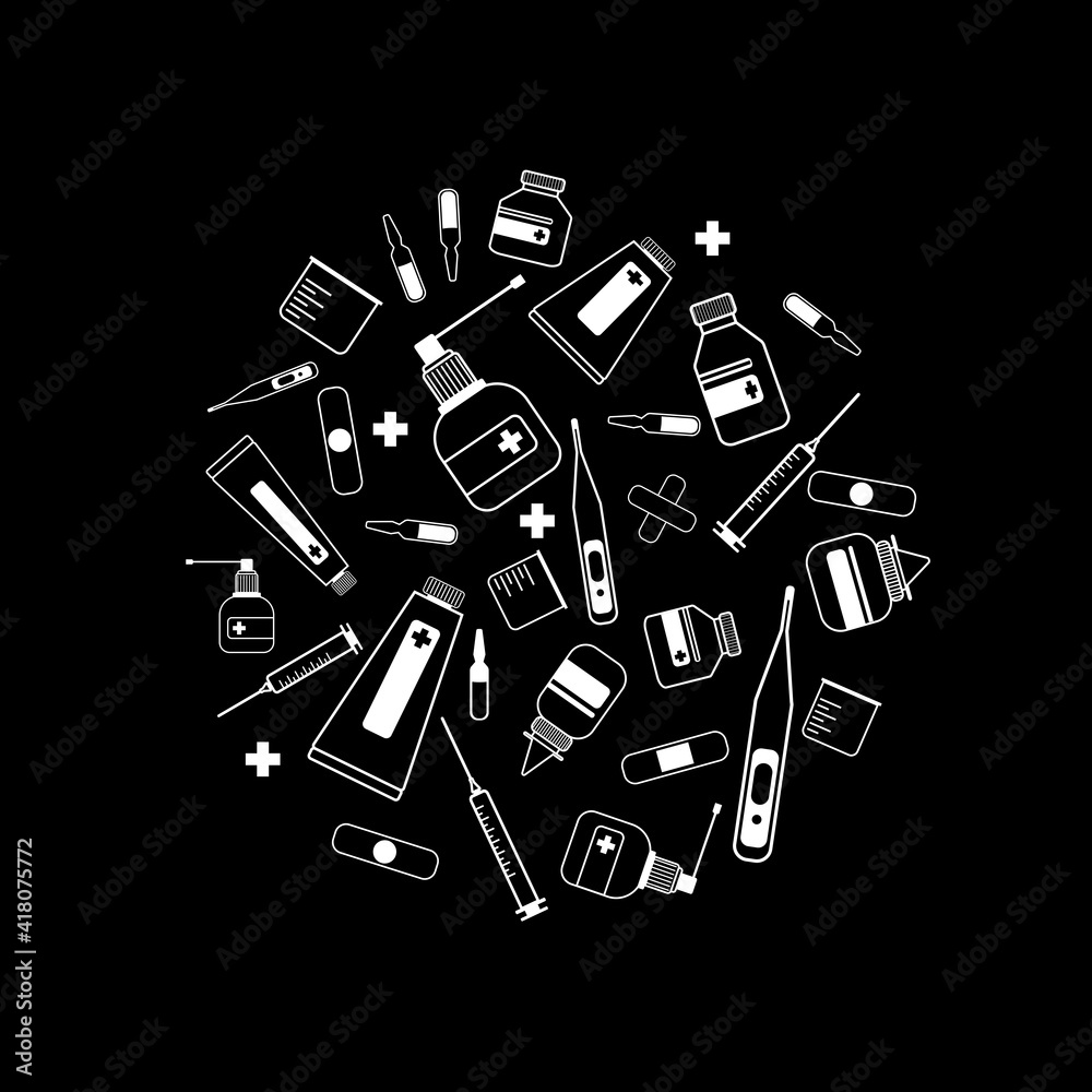 Medical white outline vector icon isolated on a black background. White vector icons in a circle shape. Meds, drugs, pills, bottles and health care medical elements Medical white outline vector icon isolated on a black background. White vector icons in a circle shape. Meds, drugs, pills, bottles and health care medical elements