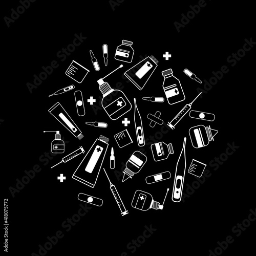 Medical white outline vector icon isolated on a black background. White vector icons in a circle shape. Meds, drugs, pills, bottles and health care medical elements