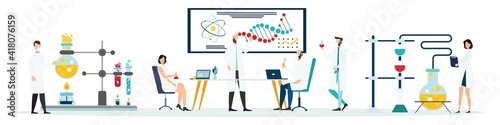 Scientific research. Scientist people wearing lab coats. science researches and chemical laboratory experiments. Chemistry clinic laboratories. microbiology pharmaceutical research. Vector