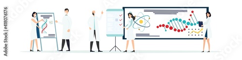 Scientific research. Scientist people wearing lab coats. science researches and chemical laboratory experiments. Chemistry clinic laboratories. microbiology pharmaceutical research. Vector