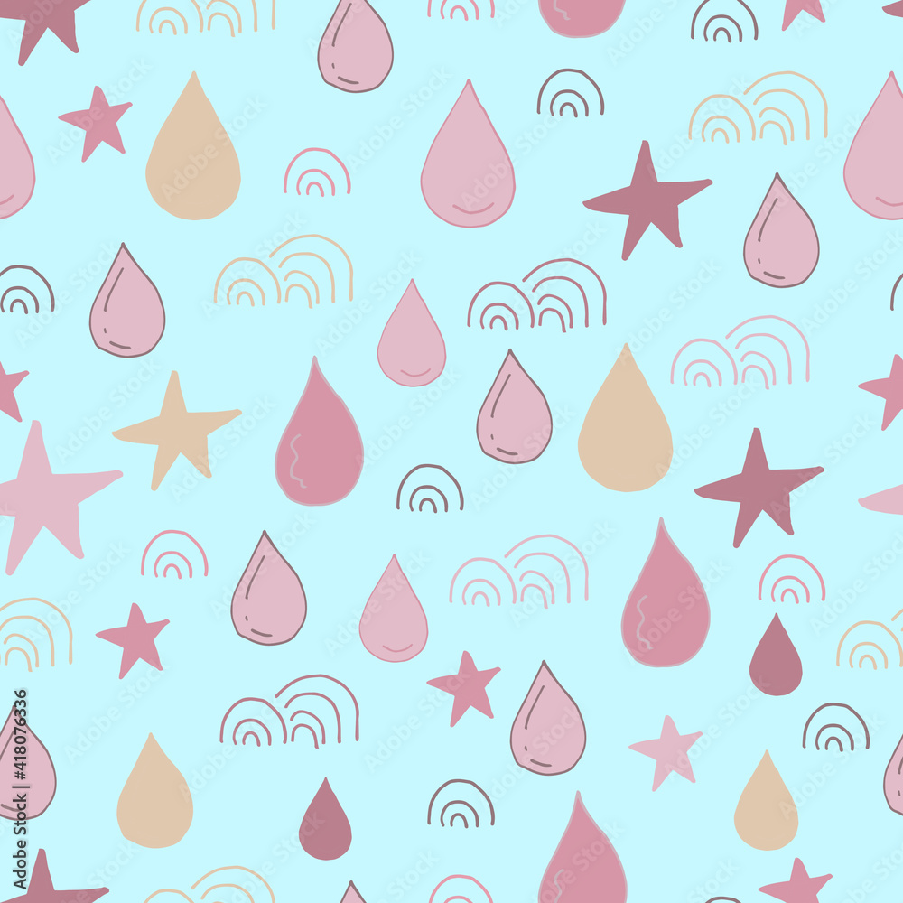 seamless pattern with drops, stars and rainbow colors dusty rose mauve and beige. Pastel backround seamless pattern with drops, stars and rainbow colors dusty rose mauve and beige. Pastel backround