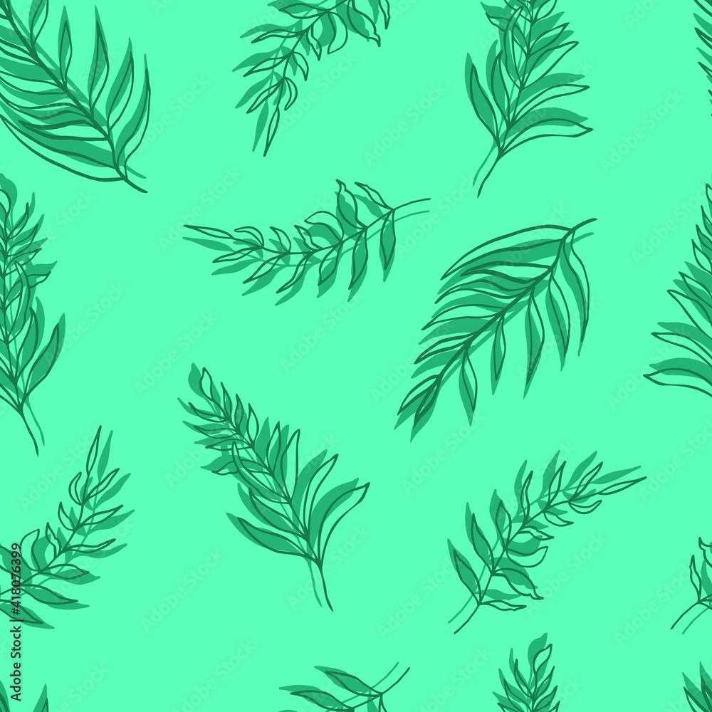 seamless pattern  palm leaves green leaves and contours on background. For textiles, packaging, fabrics, wallpapers, backgrounds, invitations. Summer tropics hand illustration