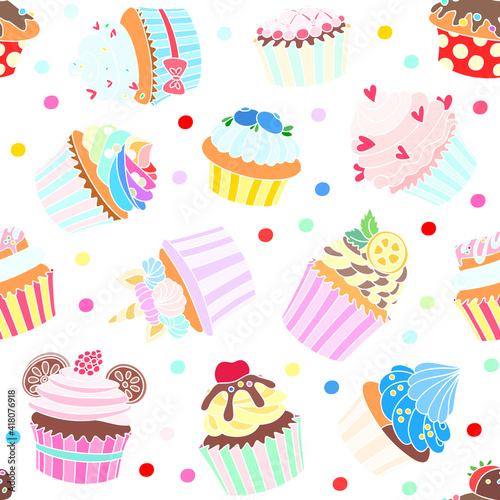 Cupcake background. Bright pattern of confetti and cupcakes decorated with cream, strawberry, hearts, mint, citrus, cherry, cookies and unicorn horn on white background. Vector 10 EPS.