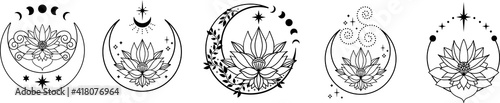 Set of Crescent moons with lotus flower, Flower Moon, Floral magic celestial clipart, Blooming Lotus Moon with Stars, Moon Phases