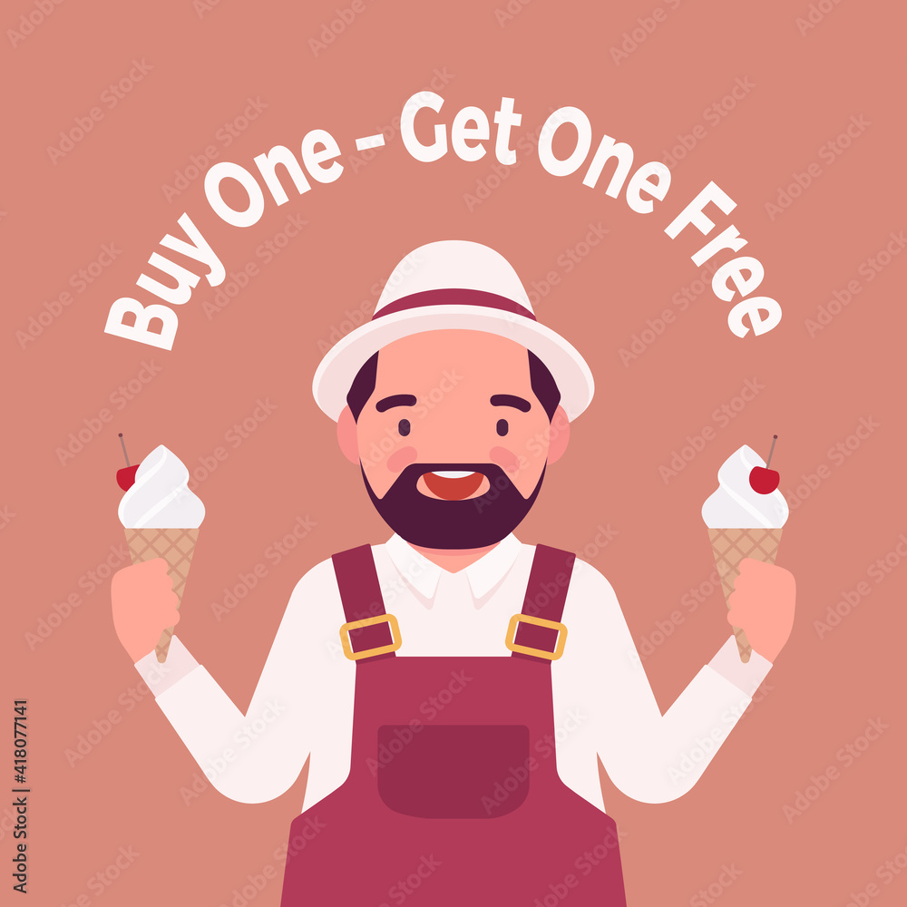 Buy one, get one free, ice cream shop sale promotion. Fat handsome positive man seller offering two products for same price, marketing tactic for retailers. Vector flat style cartoon illustration