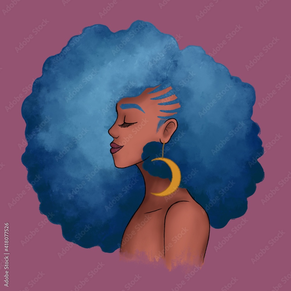 Portrait of afro woman with blue hair closed eyes and moon earrings illustration on pink background