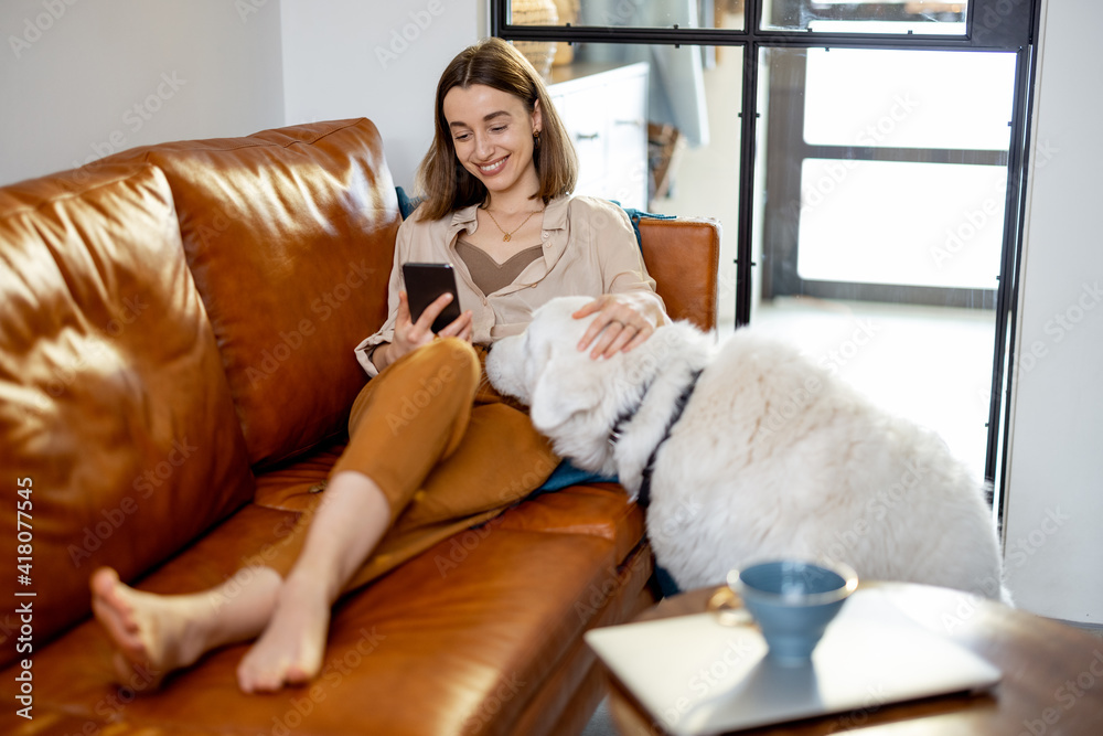 Pretty woman with Smartphone sitting on the brown sofa with a white dog at home. Lifestyle and home coziness concept. Pretty woman with Smartphone sitting on the brown sofa with a white dog at home. Lifestyle and home coziness concept.
