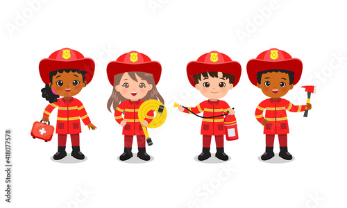 Fire fighter team pose with safety tools. Boy and girl in cute red uniform. Flat vector cartoon design isolated