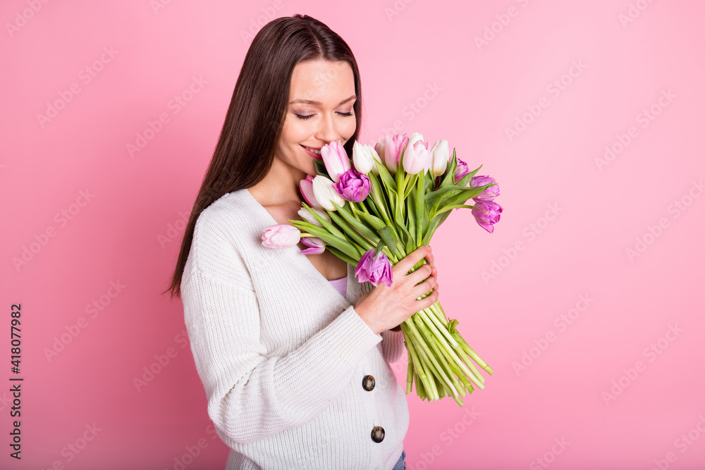 Photo of adorable pretty young happy woman smell tulip flowers spring isolated on pink color background Photo of adorable pretty young happy woman smell tulip flowers spring isolated on pink color background