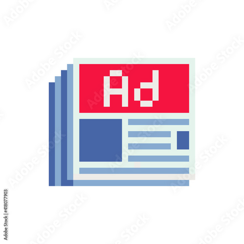 Newspaper icon. News applications. Pixel art flat style. Design of websites and mobile apps. 8-bit sprite. Isolated vector illustration.