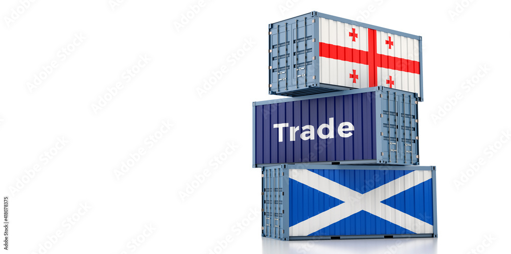 Freight containers with Georgia and Scotland flag. 3D Rendering 