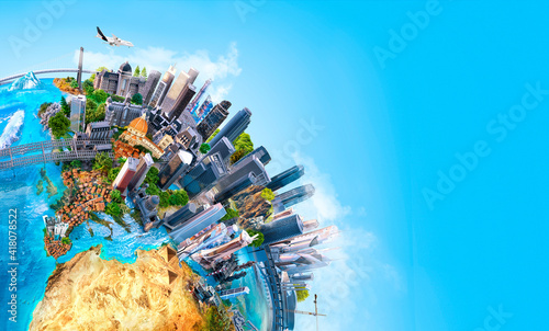 Earth Day 3D illustration. Save Earth life style globe poster, banner. Eco friendly miniature world, Europe part with cities, seas, trees; saving the planet, environment safety, ecology social concept