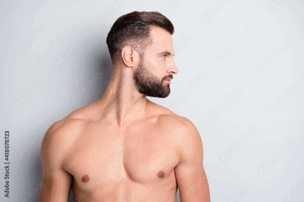 Photo of young handsome stubble man muscular naked haircut shampoo look empty space isolated over grey color background