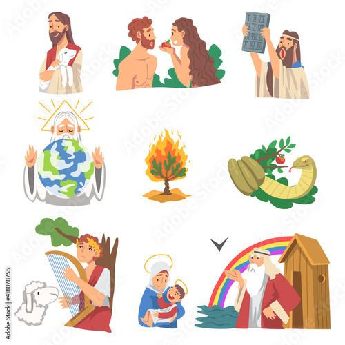Bible Narratives with Adam and Eve, Burning Bush, Snake of Temptation and Ark of Noah Vector Set