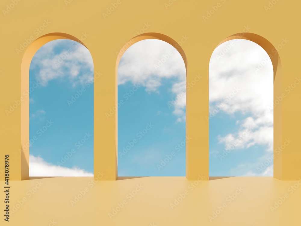 3D render, bright yellow podium, stand, platform with flying white clouds and blue sky. Empty showcase for advertising and product presentation. Trendy mockup with geometric objects.