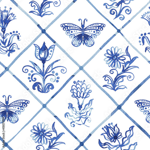 Blue seamless pattern - old fashion hand-drawn rustic floral motifs. Stylized flowers and butterflies on a background in cells. Pattern for wallpaper, fabric, packaging