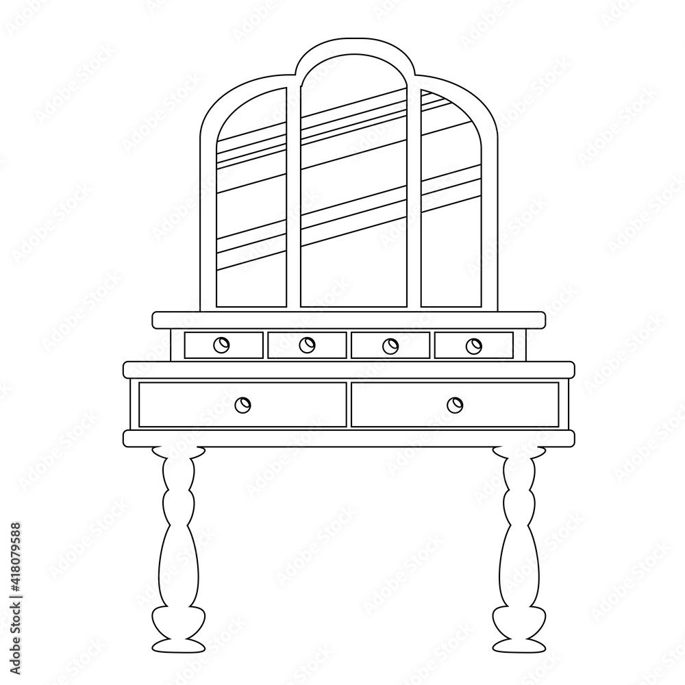 Single antique dressing table in a linear style. Vector Outline of vintage furniture for bedroom and living room. The vector illustration is isolated on a white background. Single antique dressing table in a linear style. Vector Outline of vintage furniture for bedroom and living room. The vector illustration is isolated on a white background.