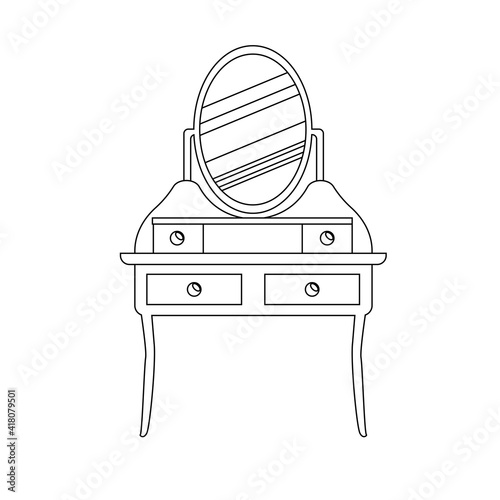 Single antique dressing table in a linear style. Vector Outline of vintage furniture for bedroom and living room.  The vector illustration is isolated on a white background.