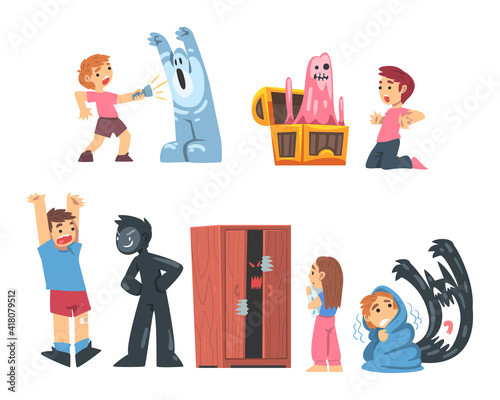 Childhood Fears with Scary Monsters Frightening Little Kids Vector Set