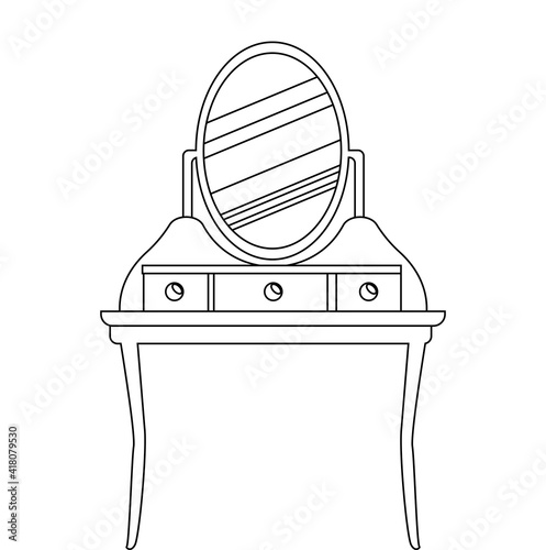 Single antique dressing table in a linear style. Vector Outline of vintage furniture for bedroom and living room.  The vector illustration is isolated on a white background.