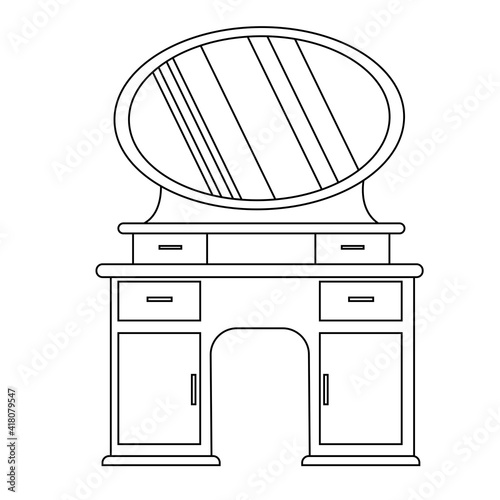 Single antique dressing table in a linear style. Vector Outline of vintage furniture for bedroom and living room.  The vector illustration is isolated on a white background.