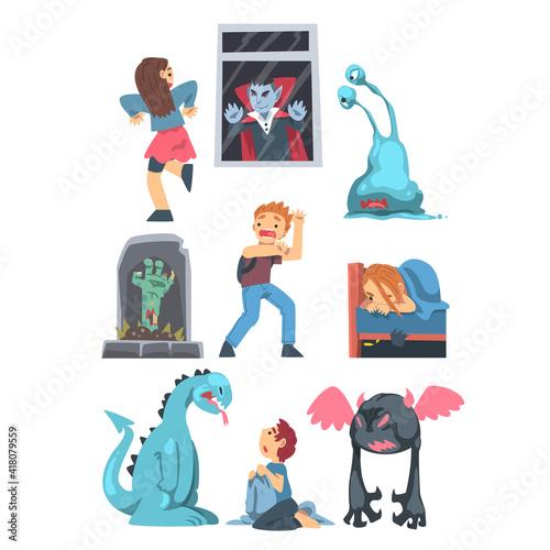 Childhood Fears with Scary Monsters Frightening Little Kids Vector Set