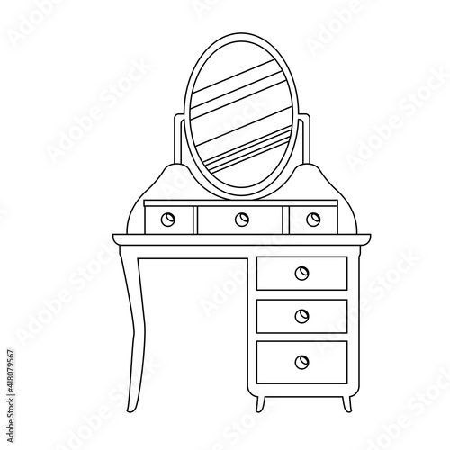 Single antique dressing table in a linear style. Vector Outline of vintage furniture for bedroom and living room.  The vector illustration is isolated on a white background.