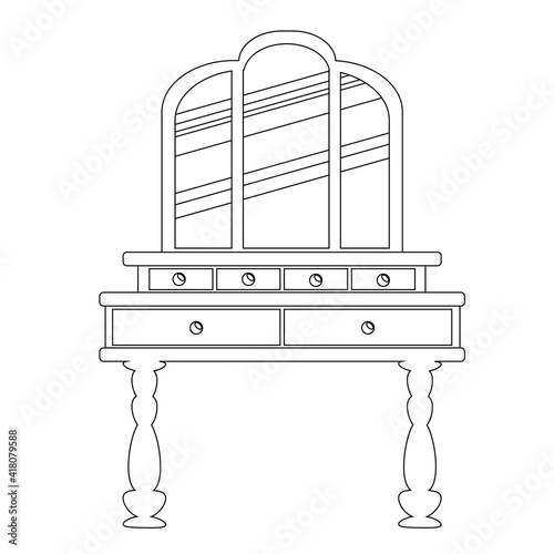 Single antique dressing table in a linear style. Vector Outline of vintage furniture for bedroom and living room.  The vector illustration is isolated on a white background.