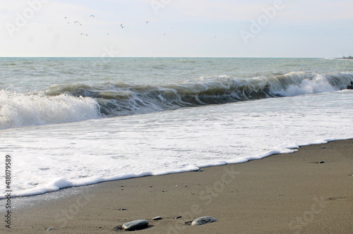 Sea surf on the Black Sea coast of the Caucasus in December.